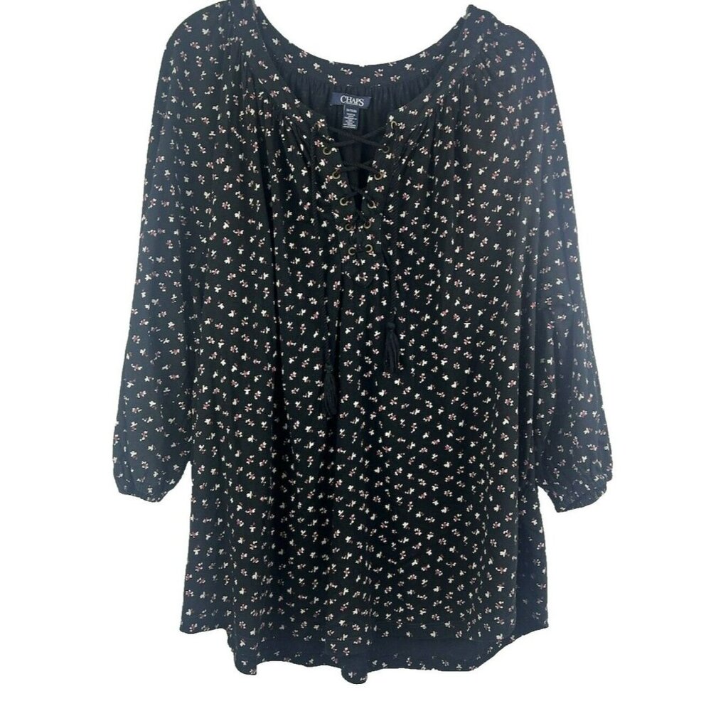 Chaps Women's Top 1X Country Chic Boho Peasant Black Pink Floral Tie Puff Sleeve